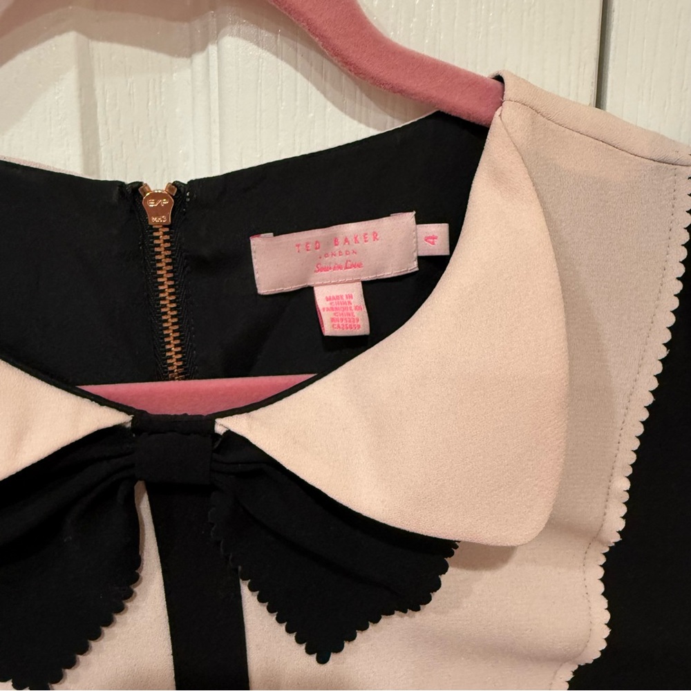 Ted Baker Black Mini Dress with Pale Pink Bib and Black Bow - Picture 5 of 10